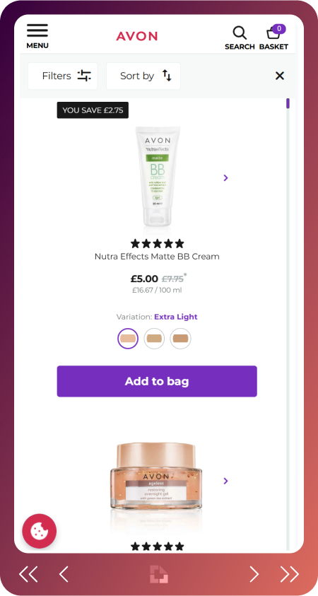 Aplicación web de catálogo digital optimizada para móviles, con una cuadrícula de productos adaptable.